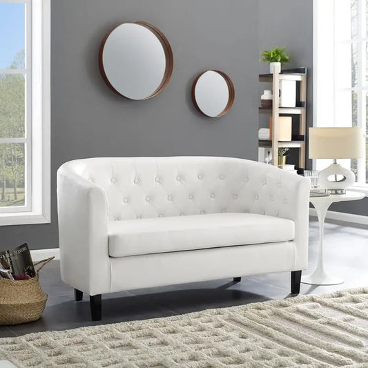 Love Seat, Button Tufted Faux Leather Barrel Loveseat, Midcentury Modern 2 Seater Sofa Couch, Small Loveseat for Small Spac